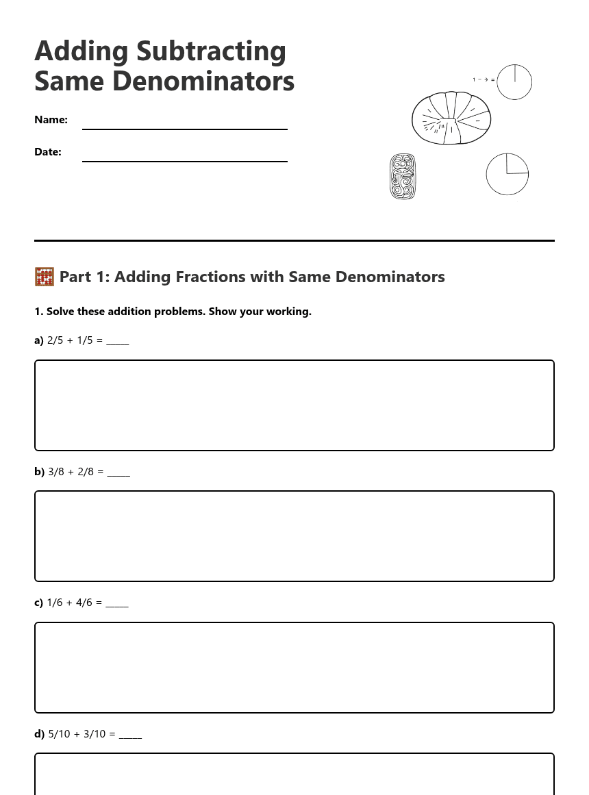 Adding Subtracting Same Denominators worksheet preview