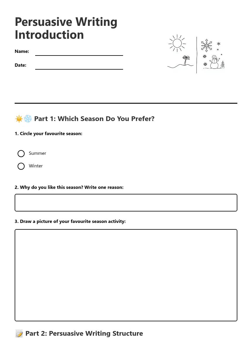 Persuasive Writing Introduction worksheet preview