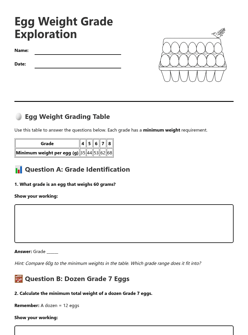 Egg Weight Grade Exploration worksheet preview