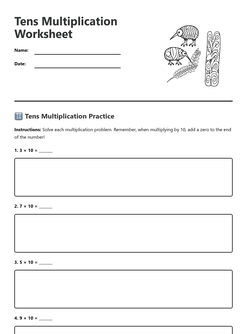 Tens Multiplication Worksheet worksheet preview
