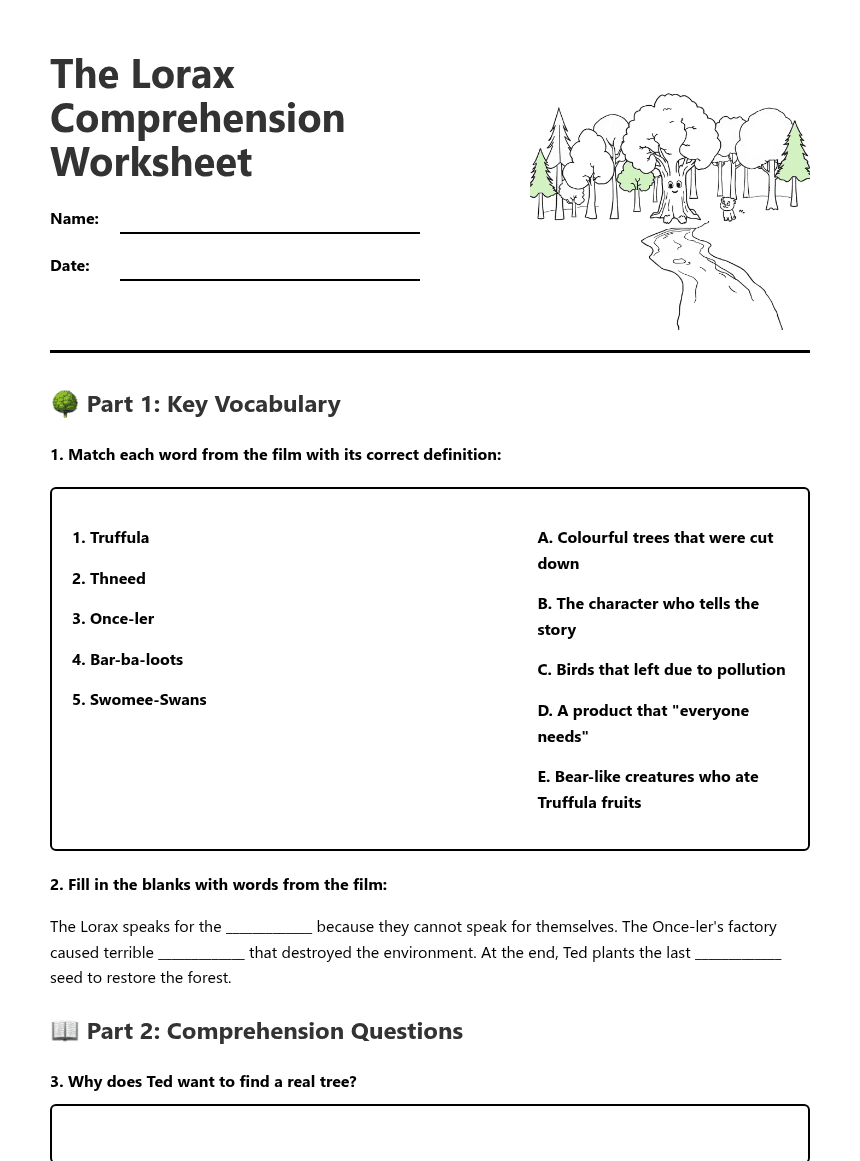 The Lorax Comprehension Worksheet worksheet preview