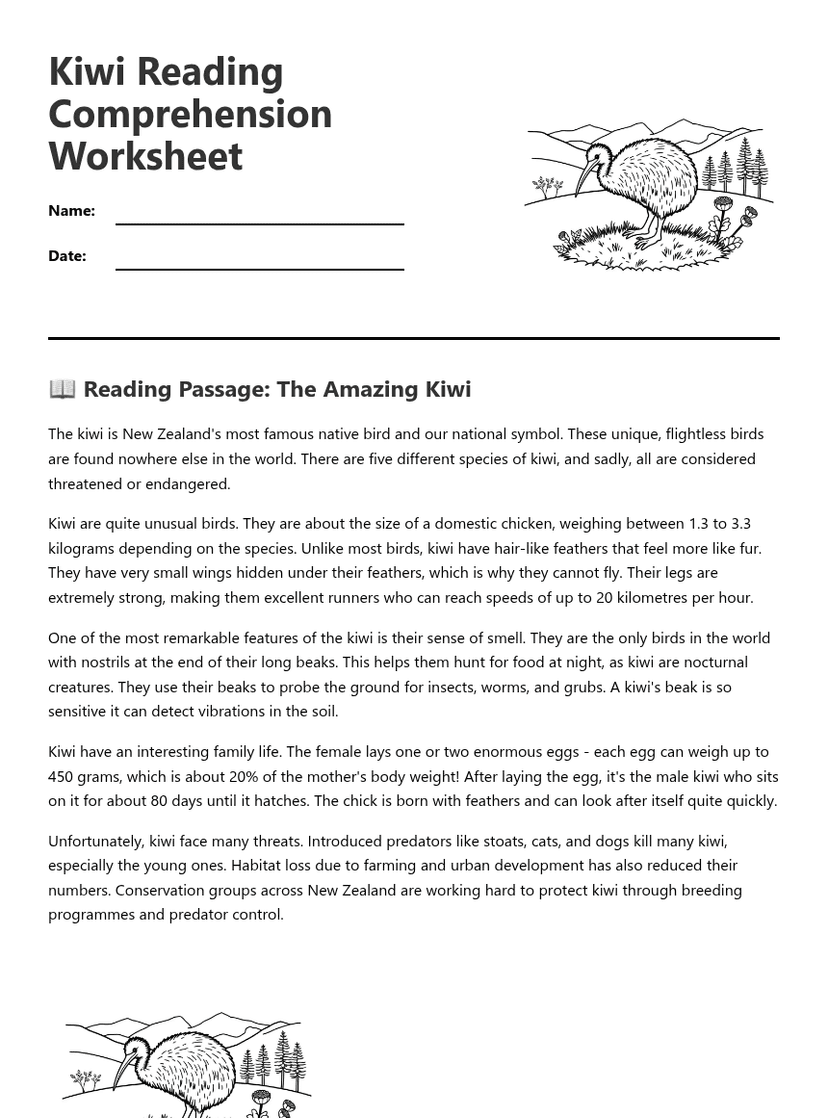 Kiwi Reading Comprehension Worksheet