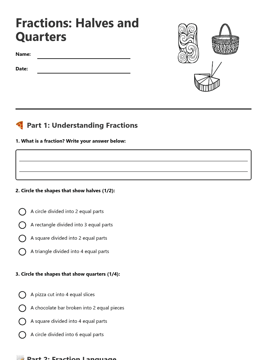 Fractions: Halves and Quarters worksheet preview