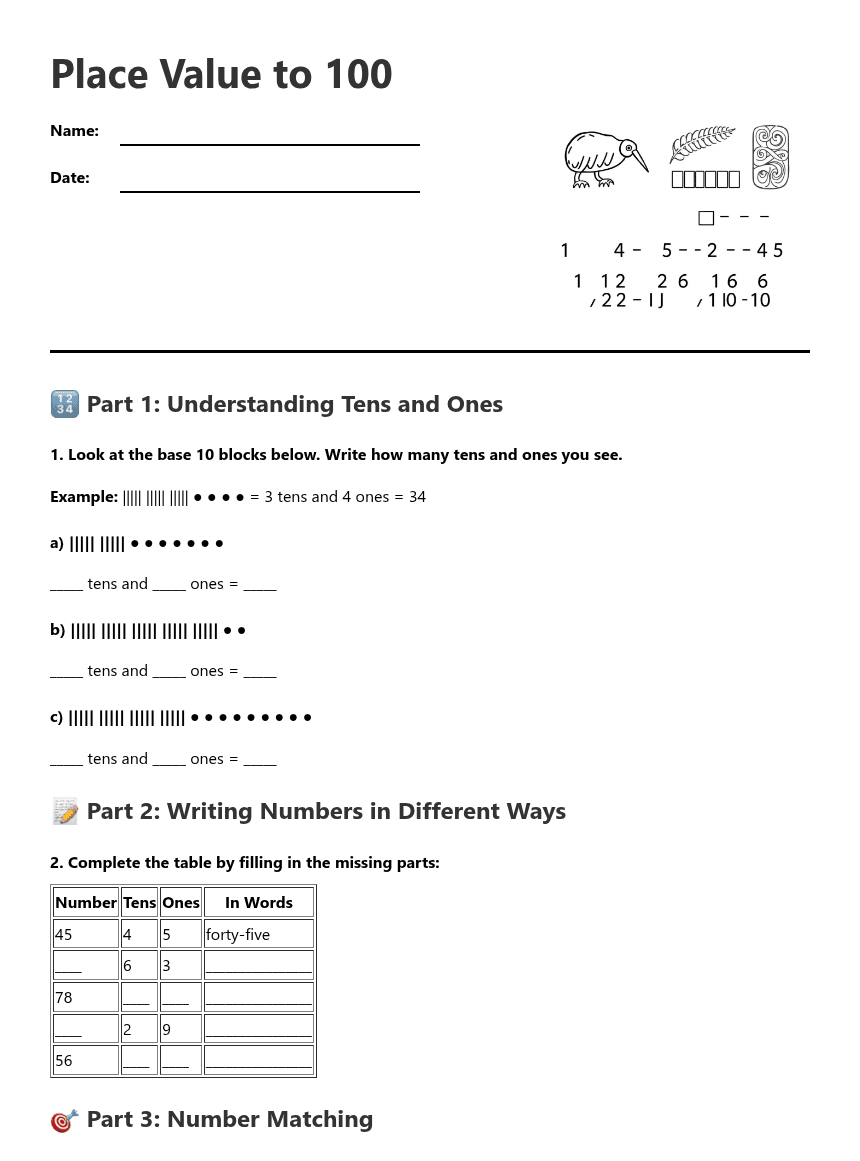 Place Value to 100 worksheet preview