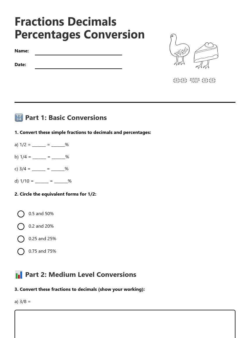 Fractions Decimals Percentages Conversion worksheet preview