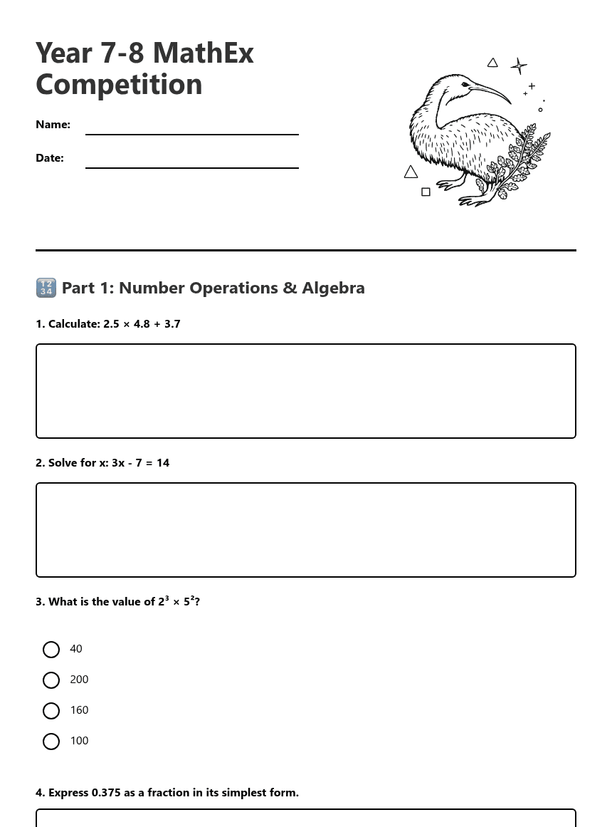 Year 7-8 MathEx Competition worksheet preview