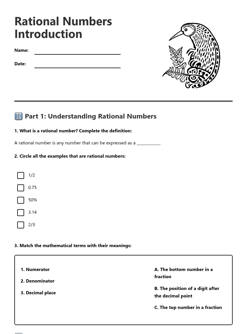 Rational Numbers Introduction worksheet preview