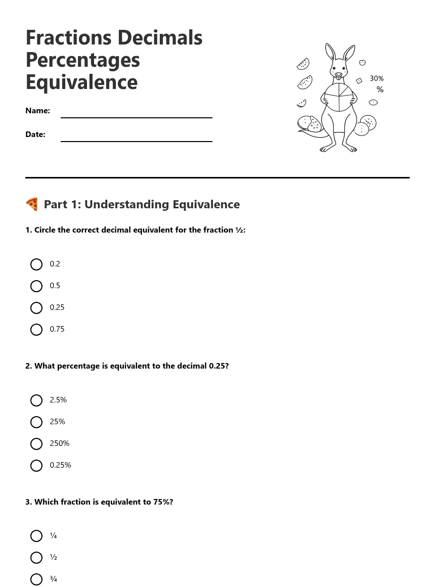 Fractions Decimals Percentages Equivalence worksheet preview