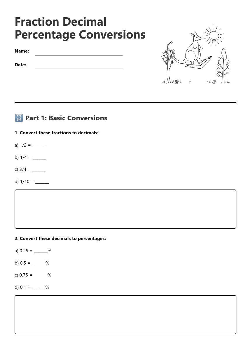 Fraction Decimal Percentage Conversions worksheet preview