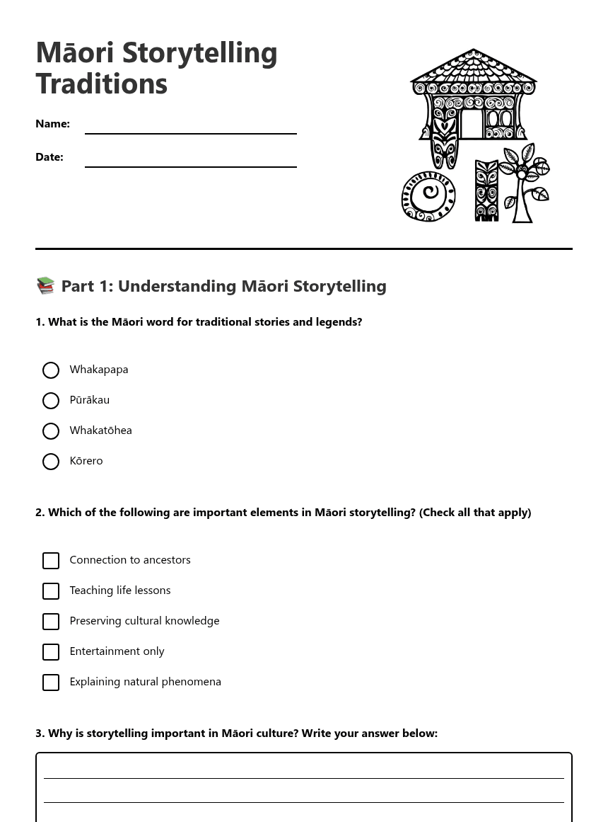 Māori Storytelling Traditions worksheet preview