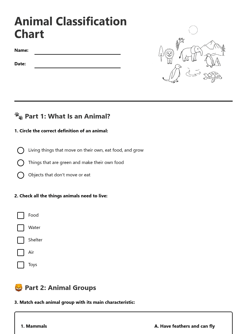 Animal Classification Chart worksheet preview
