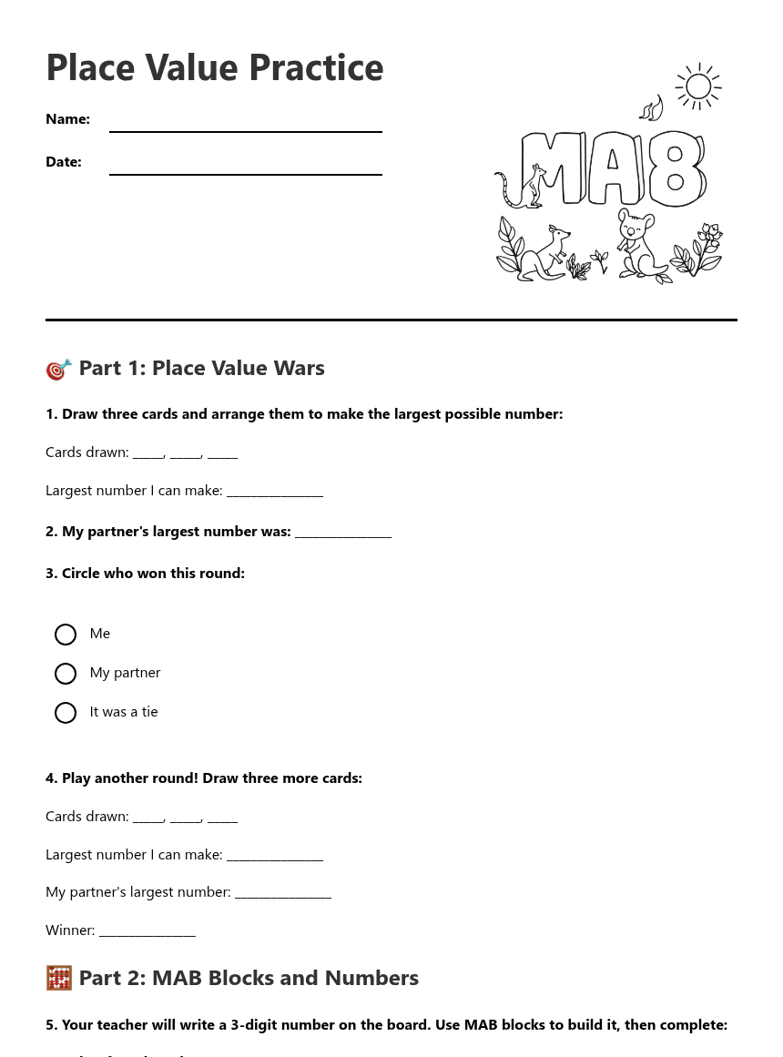 Place Value Practice worksheet preview