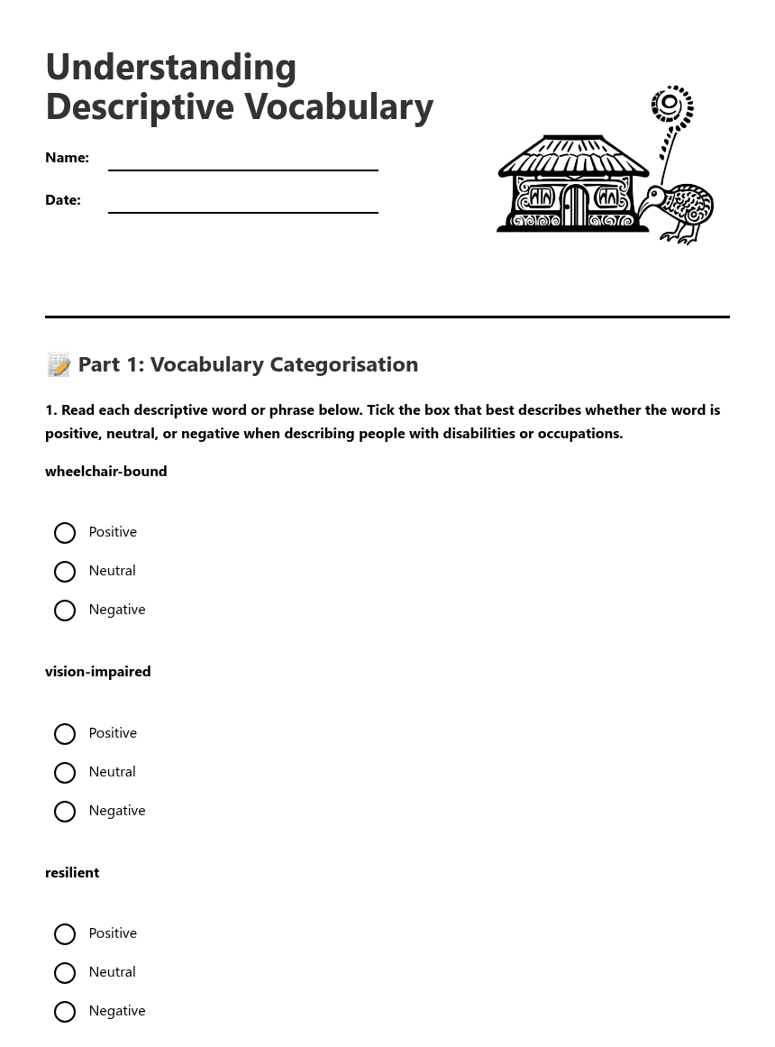 Understanding Descriptive Vocabulary worksheet preview