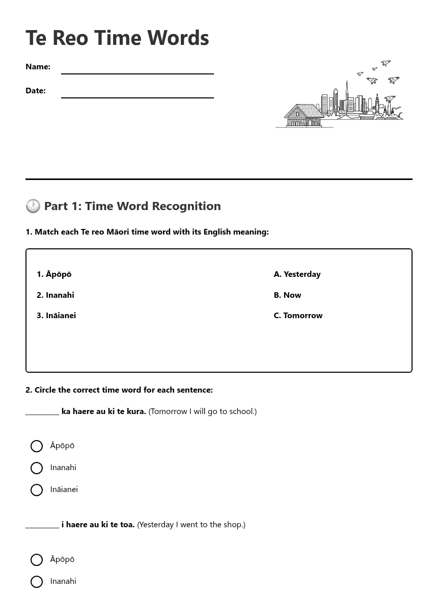 Te Reo Time Words worksheet preview