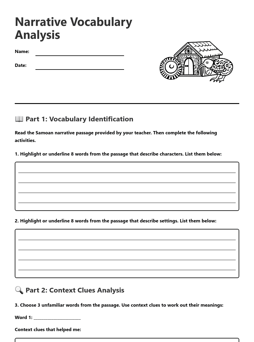 Narrative Vocabulary Analysis worksheet preview