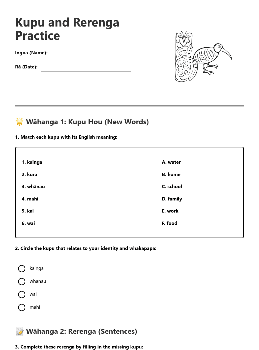 Kupu and Rerenga Practice worksheet preview