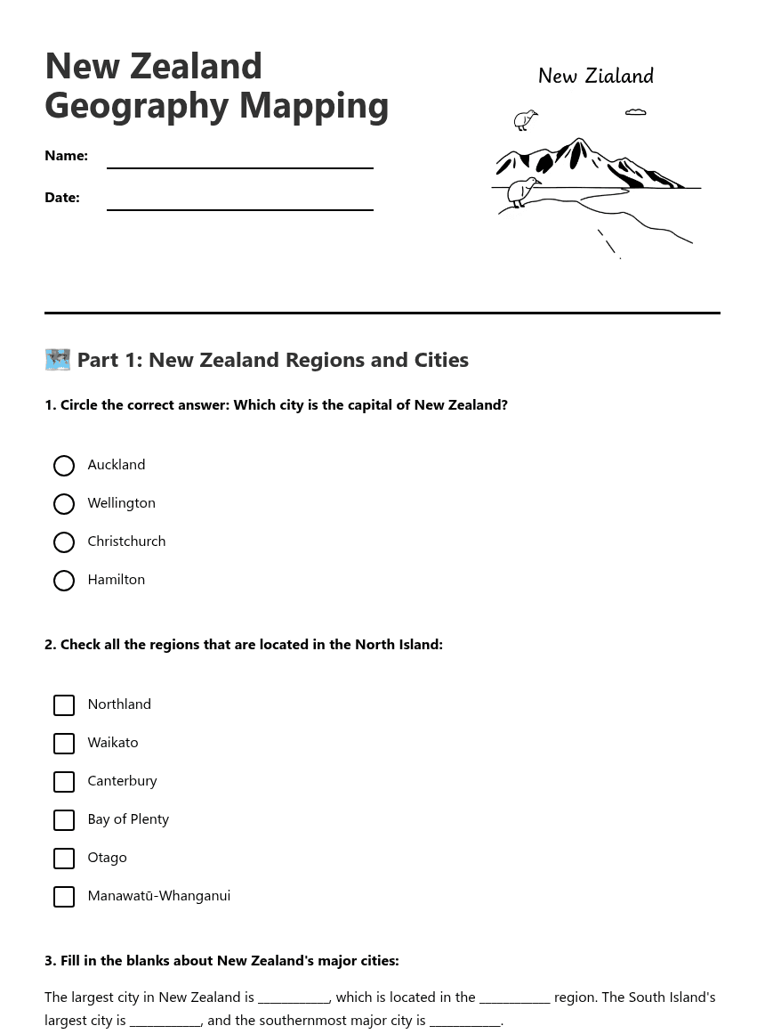 New Zealand Geography Mapping worksheet preview