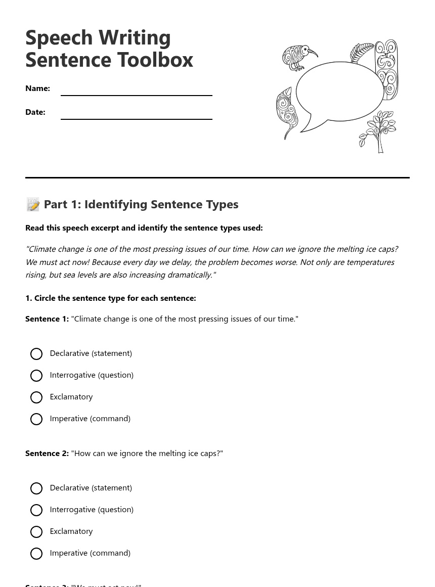 Speech Writing Sentence Toolbox worksheet preview