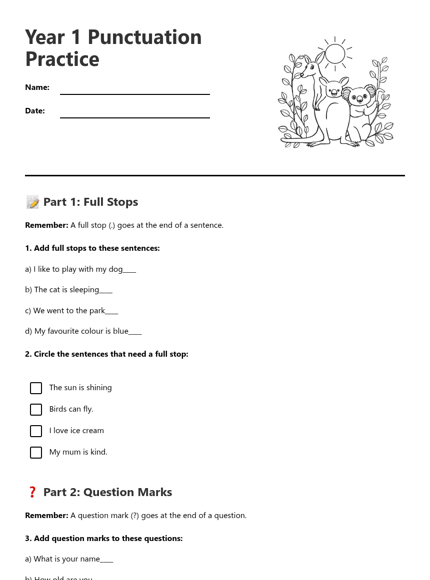 Year 1 Punctuation Practice worksheet preview