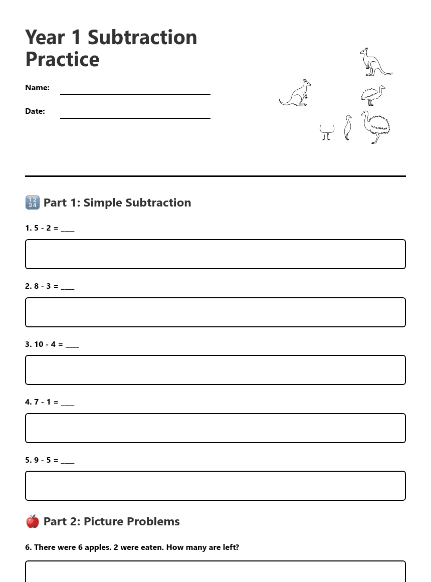 Year 1 Subtraction Practice worksheet preview
