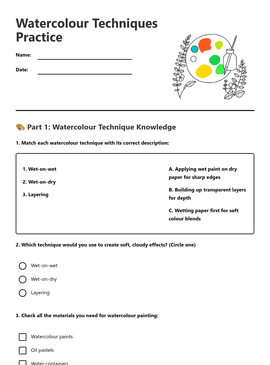 Watercolor Techniques Practice worksheet preview