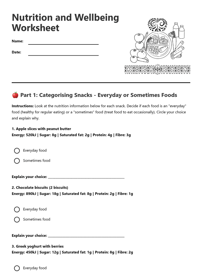 Nutrition and Wellbeing Worksheet