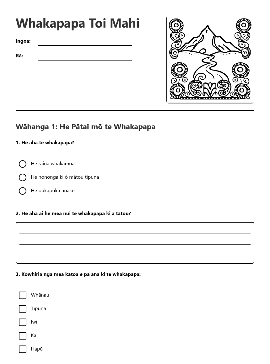 Whakapapa Toi Mahi worksheet preview