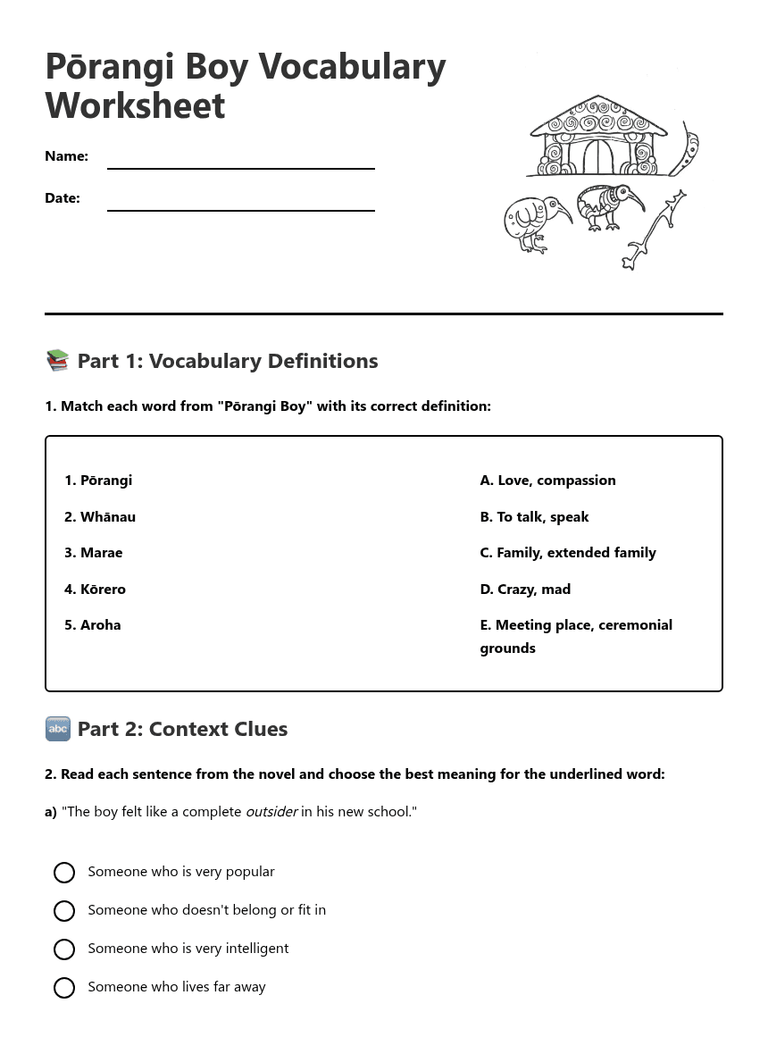 Pōrangi Boy Vocabulary Worksheet worksheet preview
