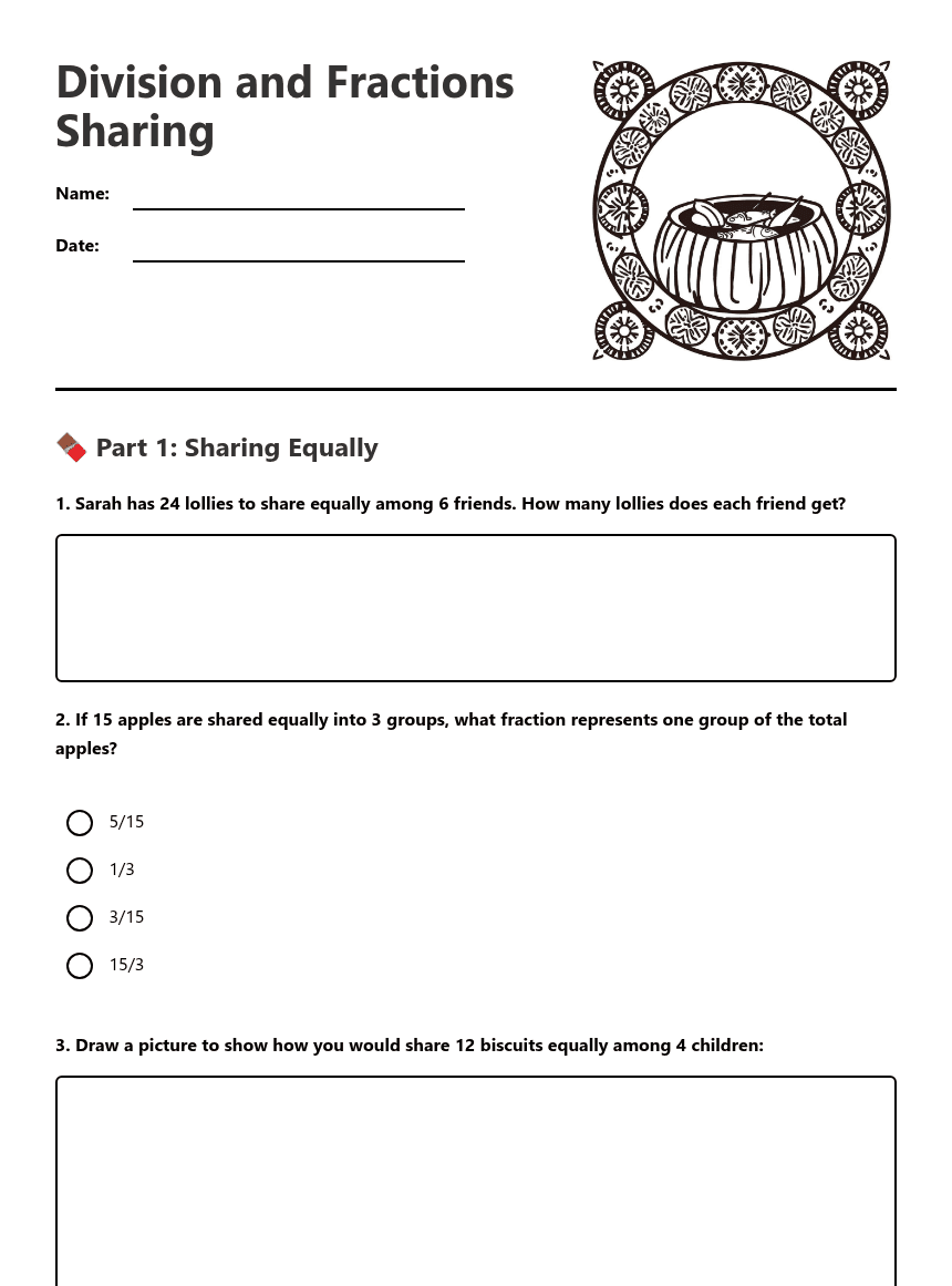 Division and Fractions Sharing worksheet preview