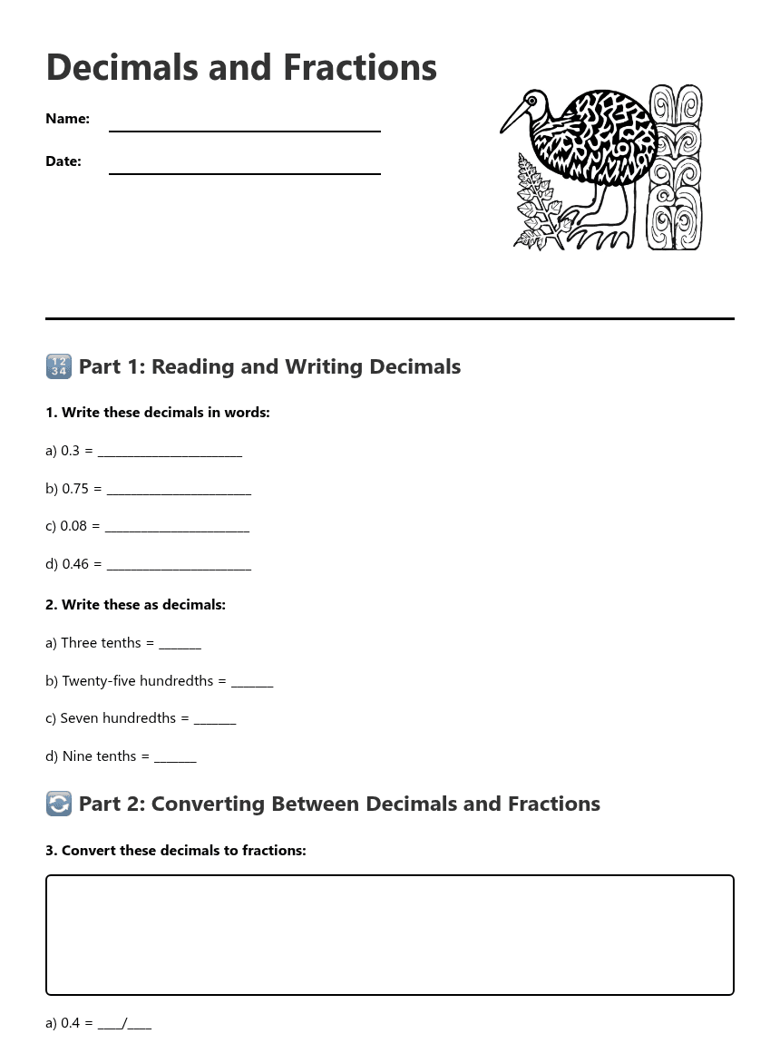 Decimals and Fractions worksheet preview
