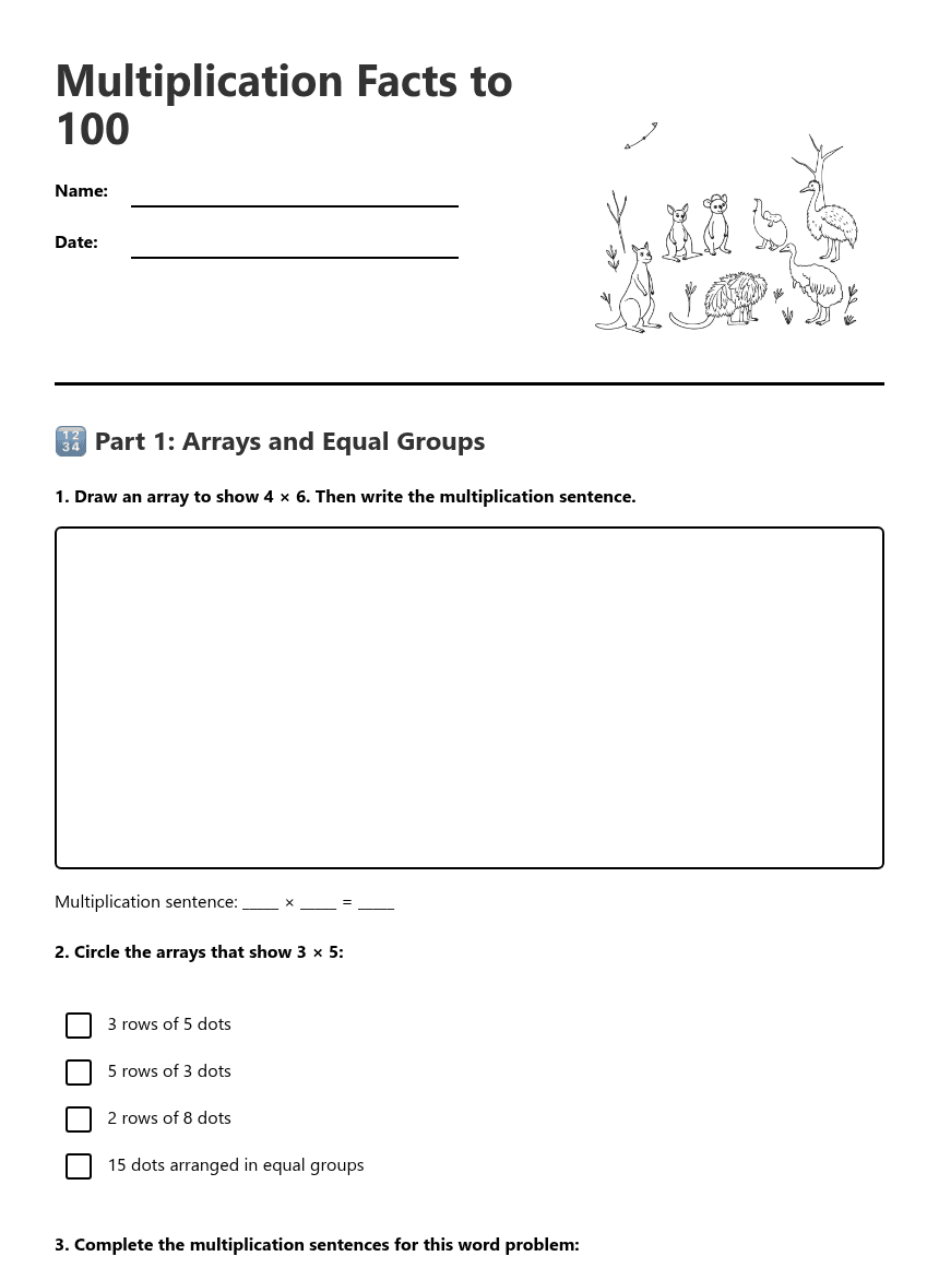 Multiplication Facts to 100 worksheet preview