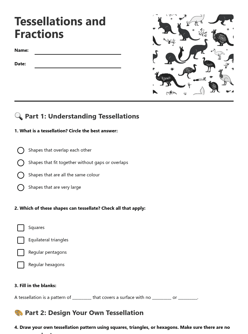 Tessellations and Fractions worksheet preview