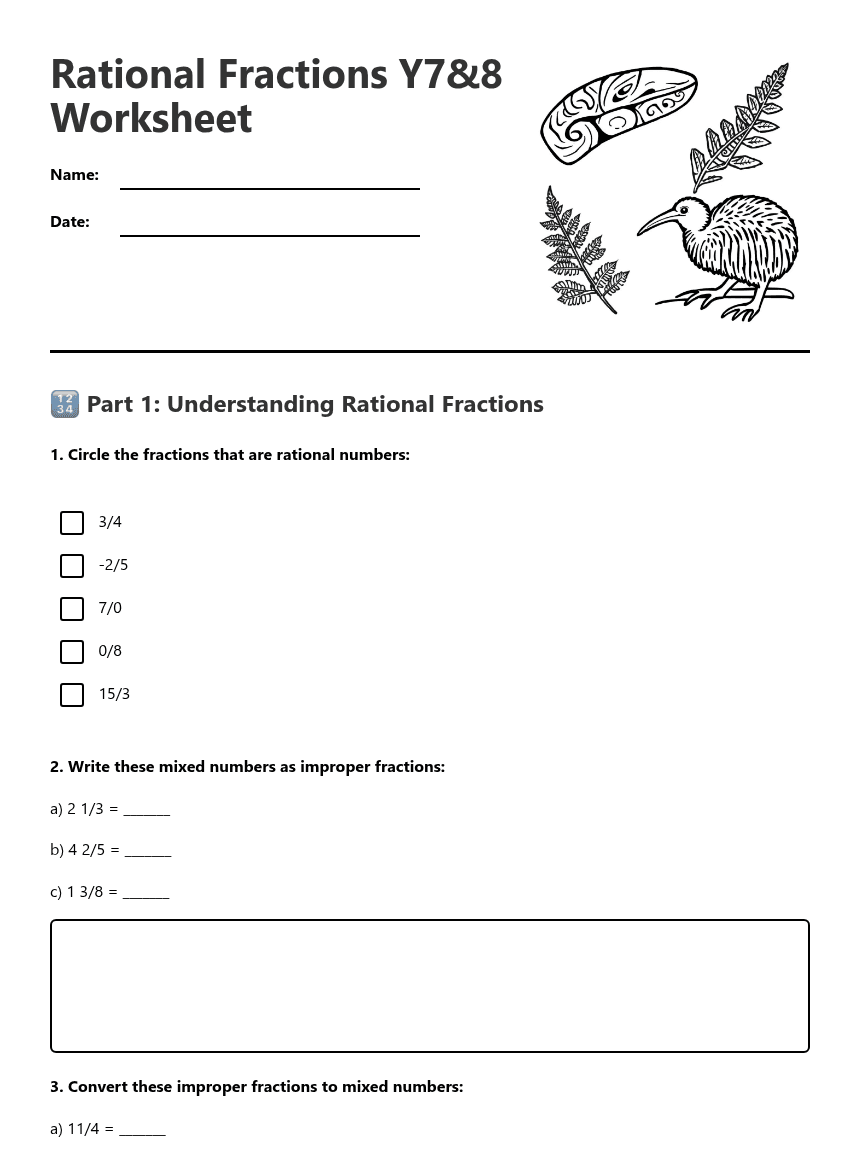 Rational Fractions Y7&8 Worksheet worksheet preview