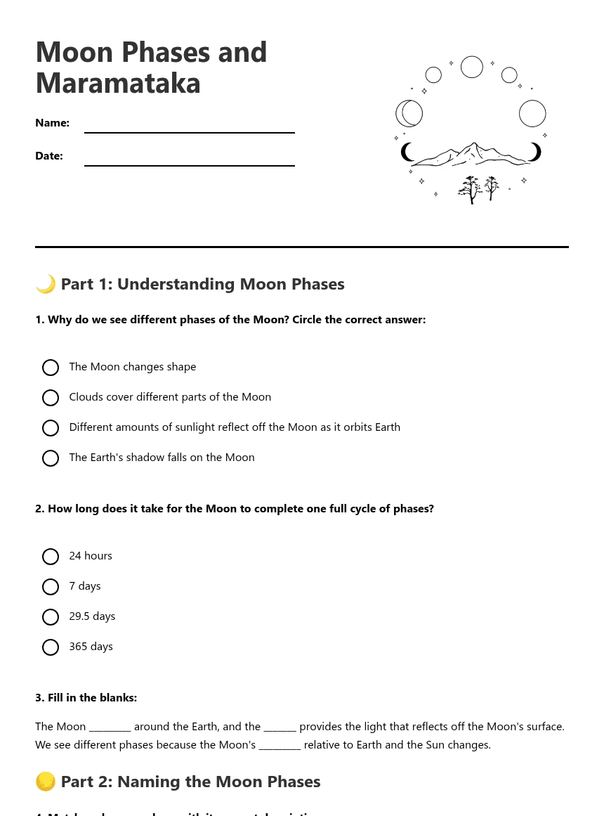Moon Phases and Maramataka worksheet preview