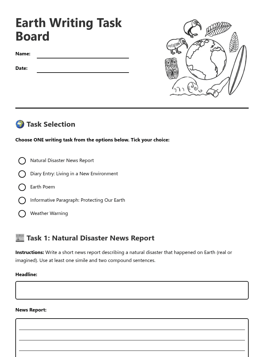 Earth Writing Task Board worksheet preview