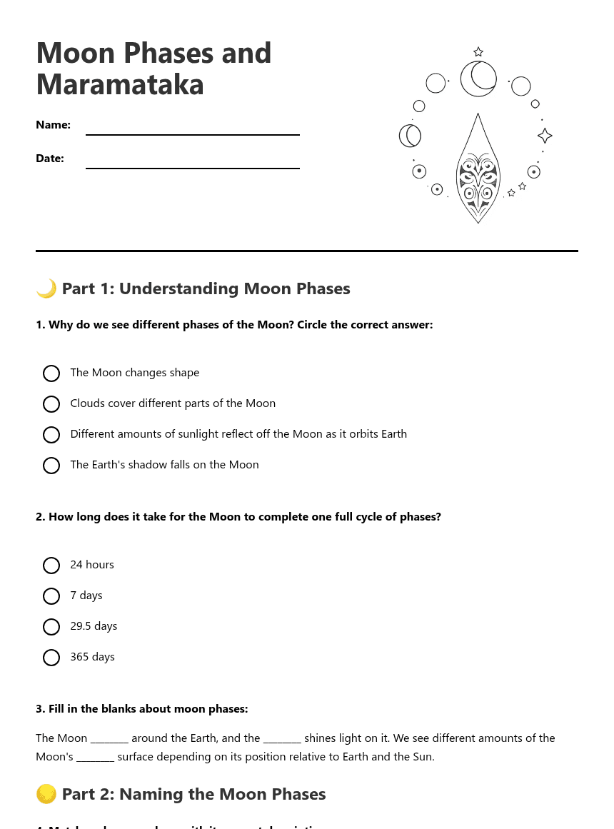 Moon Phases and Maramataka worksheet preview