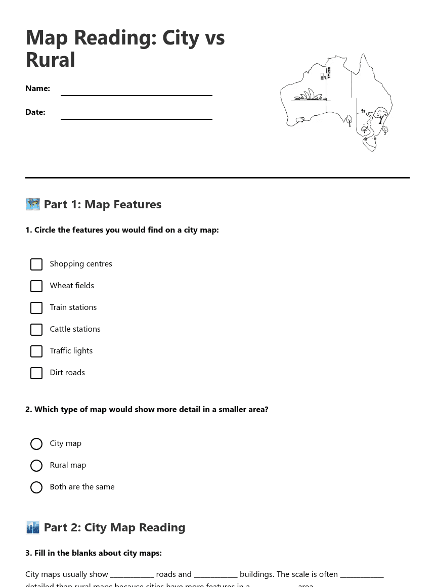 Map Reading: City vs Rural worksheet preview
