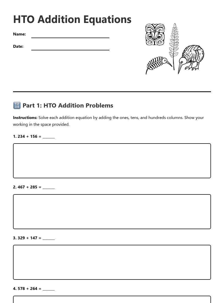 HTO Addition Equations worksheet preview