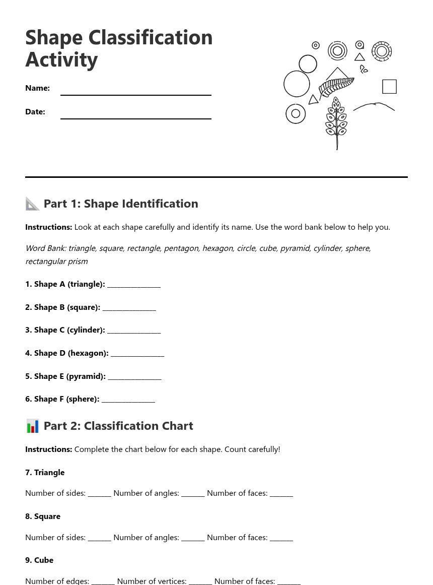 Shape Classification Activity worksheet preview