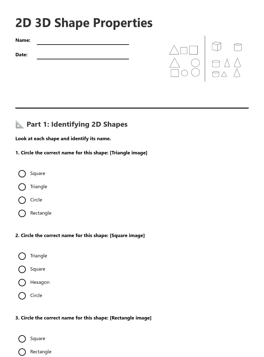 2D 3D Shape Properties worksheet preview