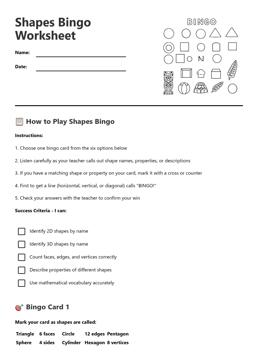 Shapes Bingo Worksheet worksheet preview