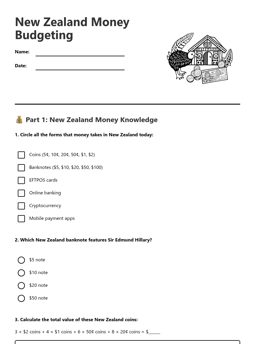 New Zealand Money Budgeting worksheet preview
