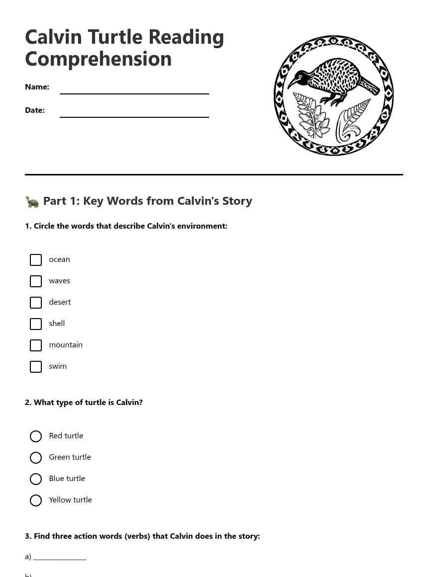 Calvin Turtle Reading Comprehension worksheet preview