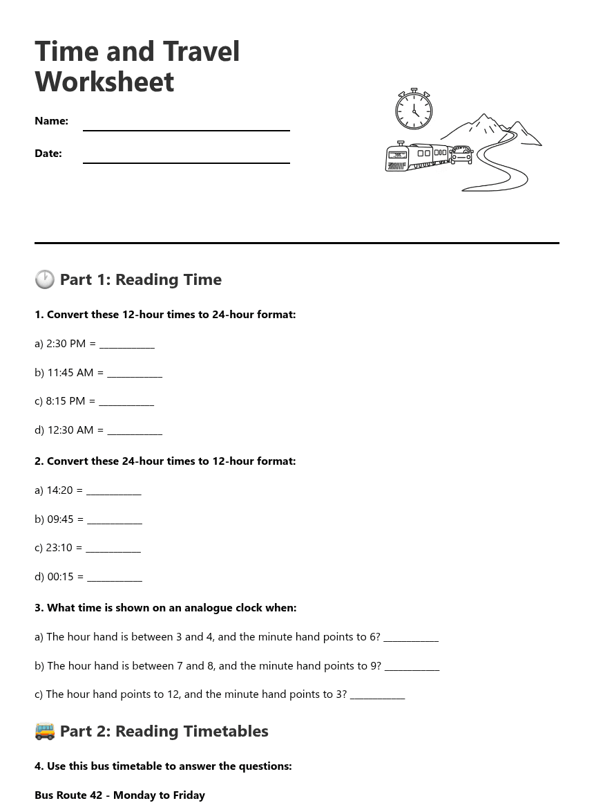 Time and Travel Worksheet worksheet preview