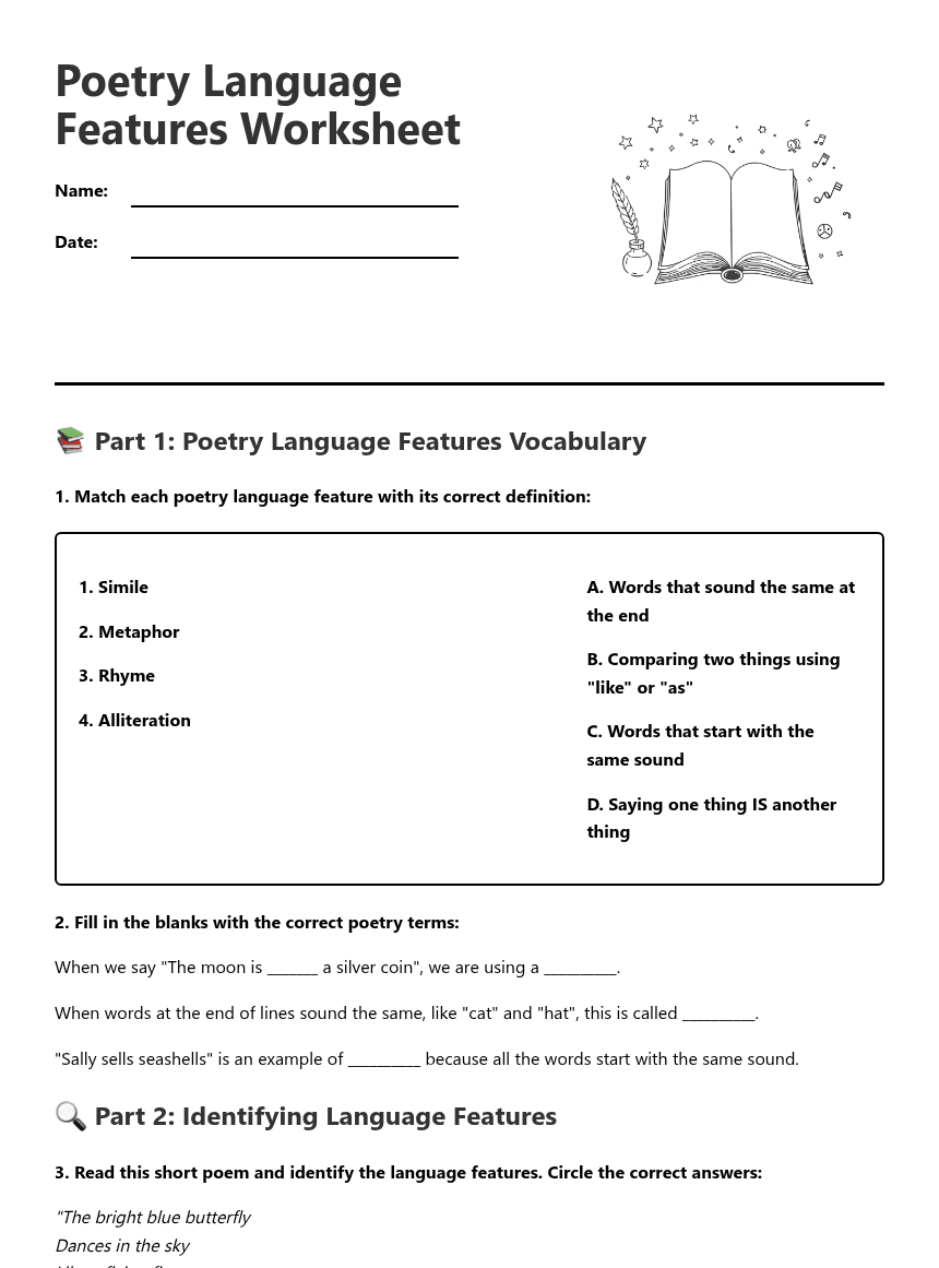 Poetry Language Features Worksheet worksheet preview