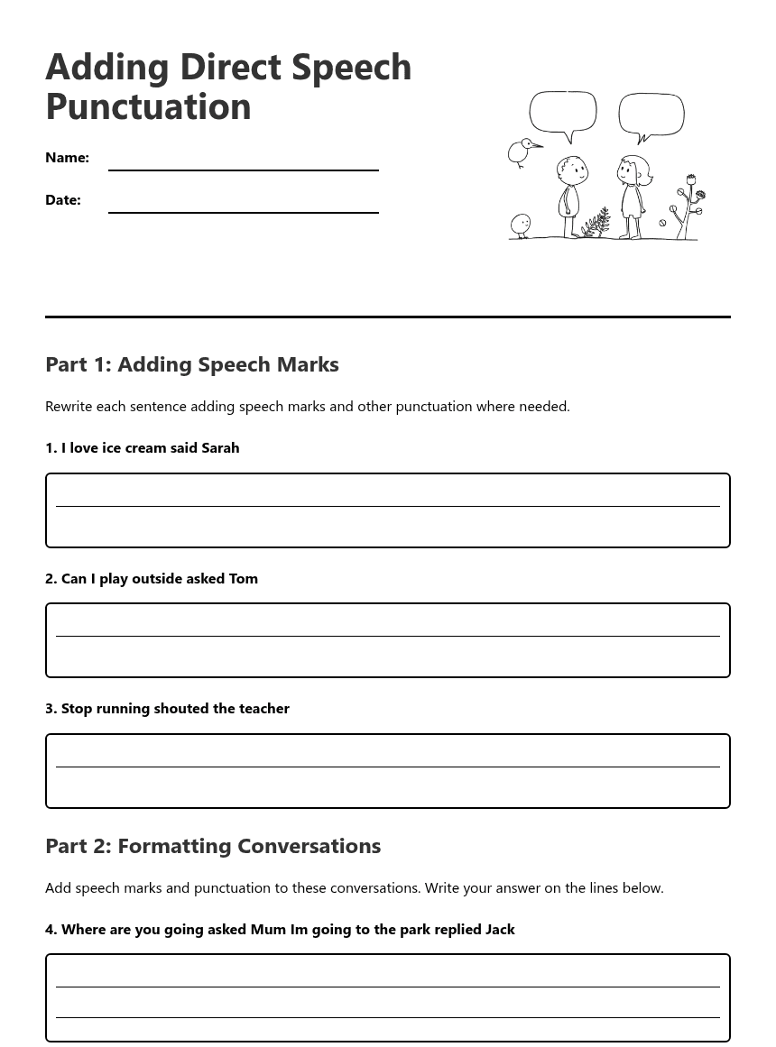 Adding Direct Speech Punctuation worksheet preview