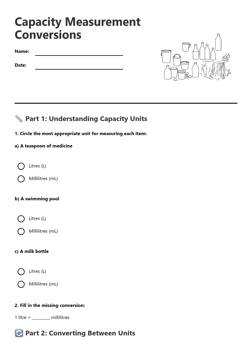 Capacity Measurement Conversions worksheet preview