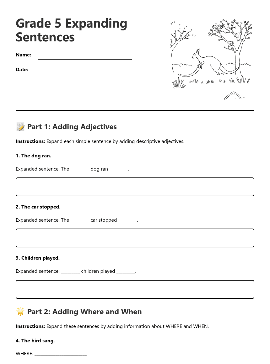 Grade 5 Expanding Sentences worksheet preview