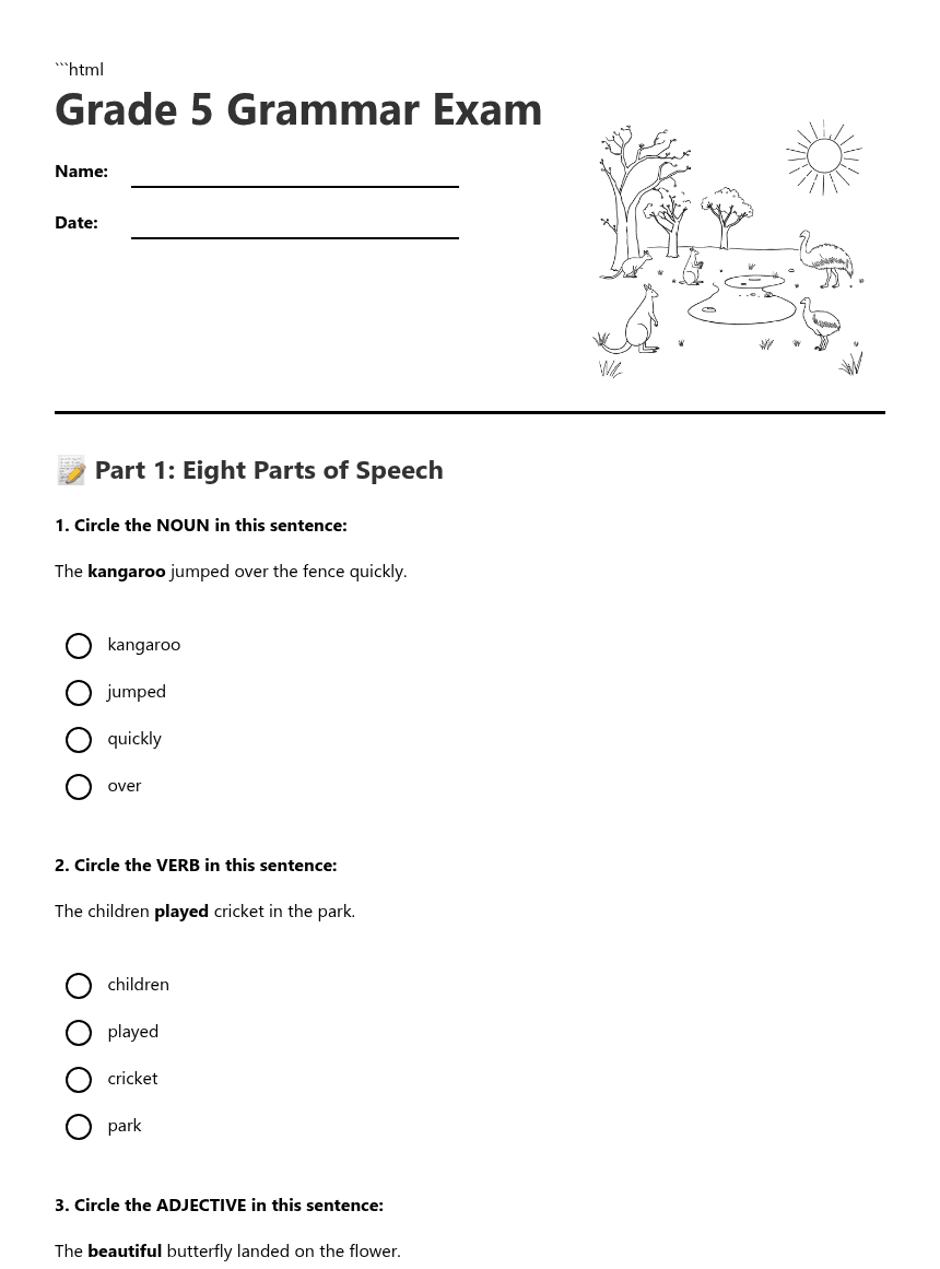 Grade 5 Grammar Exam worksheet preview
