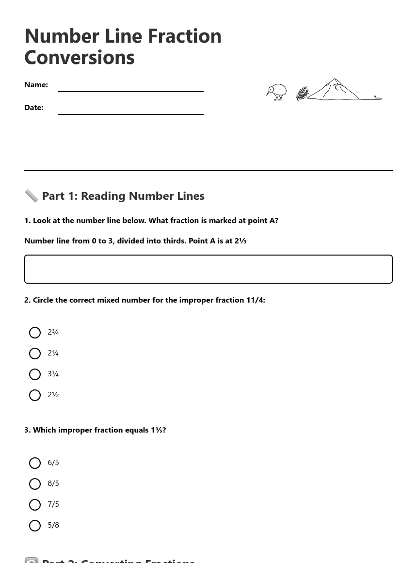 Number Line Fraction Conversions worksheet preview